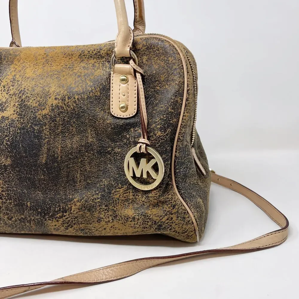 Michael Kors Brown Ultra Distressed Satchel Leather Bag Zip Top Crossbody Strap - Picture 5 of 16